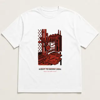 Front of a white tee carrying the utilitarian Right-to-Work Laws design