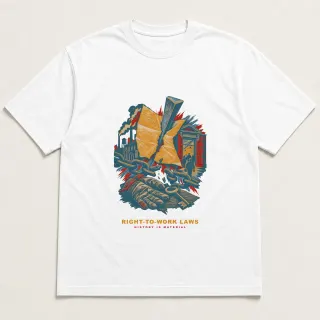 Front of a white tee with a three-color mixed-media design for Right-to-Work Laws