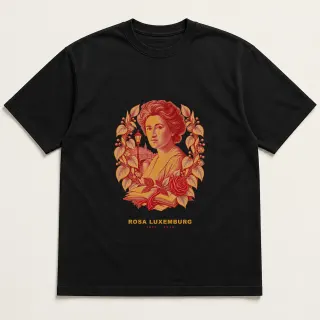 Front of a black tee with a two-color engraved design for Rosa Luxemburg