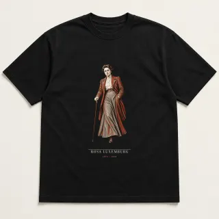 Front of a black tee carrying the neoclassical Rosa Luxemburg design