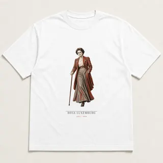 Front of a white tee carrying the neoclassical Rosa Luxemburg design
