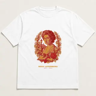 Front of a white tee with a two-color engraved design for Rosa Luxemburg