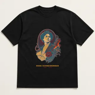 Front of a black tee with a two-color engraved design for Rose Schneiderman