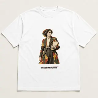 Front of a white tee carrying the scrapbook Rose Schneiderman design