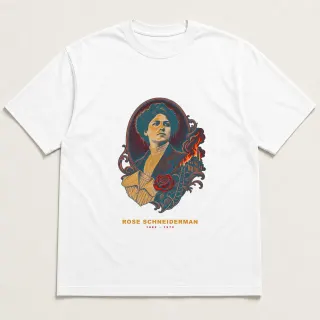 Front of a white tee with a two-color engraved design for Rose Schneiderman