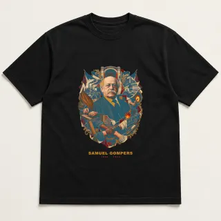Front of a black tee with a three-color mixed-media design for Samuel Gompers