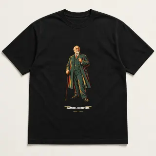 Front of a black tee carrying the mid-century Samuel Gompers design