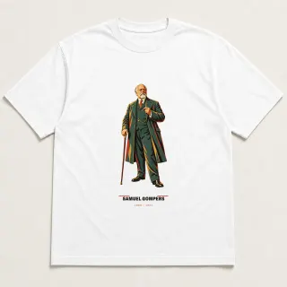 Front of a white tee carrying the mid-century Samuel Gompers design
