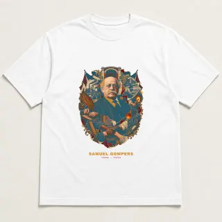 Front of a white tee with a three-color mixed-media design for Samuel Gompers