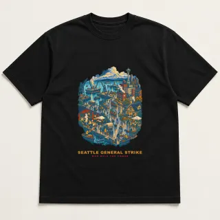 Front of a black tee with a four-color pixel-art design for Seattle General Strike