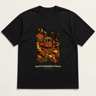Front of a black tee carrying the civic modern Seattle General Strike design