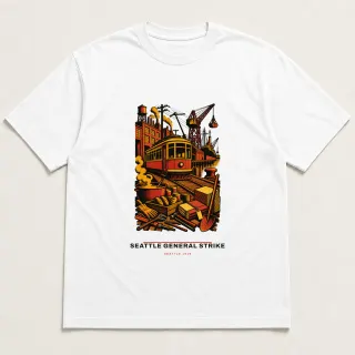 Front of a white tee carrying the civic modern Seattle General Strike design