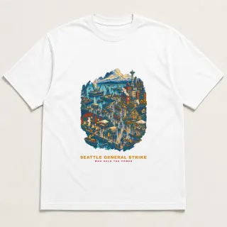 Front of a white tee with a four-color pixel-art design for Seattle General Strike