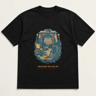 Front of a black tee with a two-color engraved design for Section 504 Sit-In