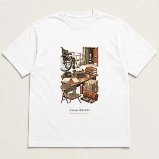Front of a white tee carrying the unfinished hand Section 504 Sit-In design