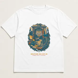 Front of a white tee with a two-color engraved design for Section 504 Sit-In