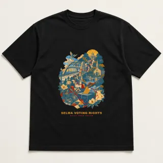 Front of a black tee with a three-color mixed-media design for Selma Voting Rights