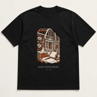 Front of a black tee carrying the neoclassical Selma Voting Rights design