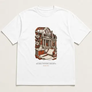 Front of a white tee carrying the neoclassical Selma Voting Rights design