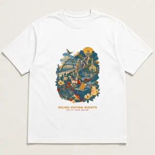 Front of a white tee with a three-color mixed-media design for Selma Voting Rights