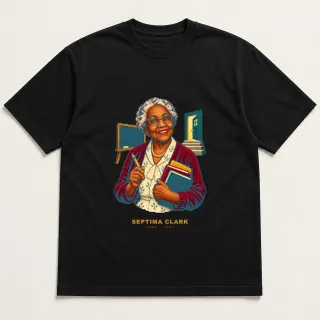 Front of a black tee with a four-color pixel-art design for Septima Clark