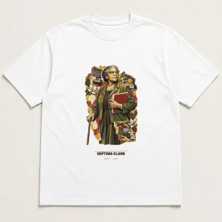 Front of a white tee carrying the scrapbook Septima Clark design