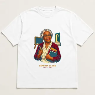 Front of a white tee with a four-color pixel-art design for Septima Clark