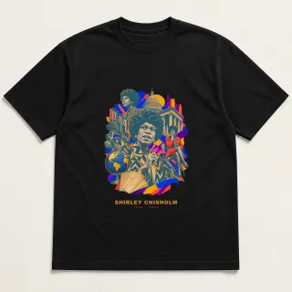 Front of a black tee with a two-color engraved design for Shirley Chisholm