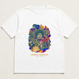 Front of a white tee with a two-color engraved design for Shirley Chisholm