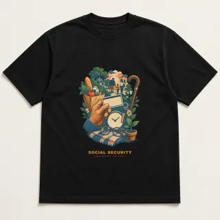 Front of a black tee with a four-color pixel-art design for Social Security