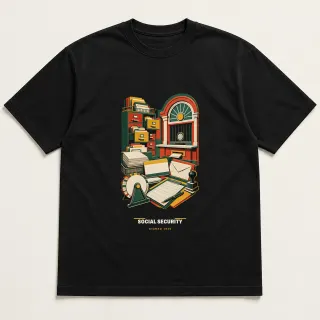 Front of a black tee carrying the mid-century Social Security design