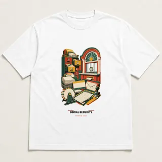 Front of a white tee carrying the mid-century Social Security design