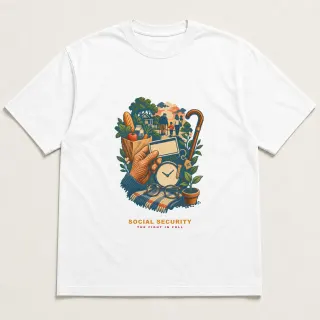 Front of a white tee with a four-color pixel-art design for Social Security