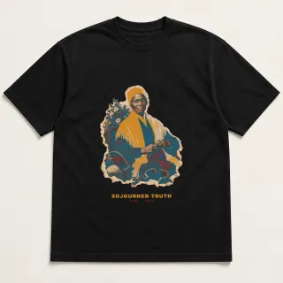Front of a black tee with a three-color mixed-media design for Sojourner Truth