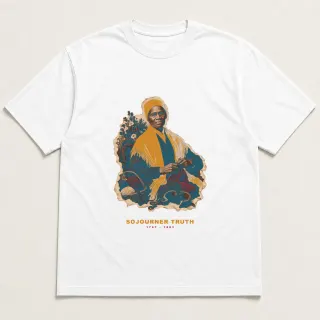 Front of a white tee with a three-color mixed-media design for Sojourner Truth