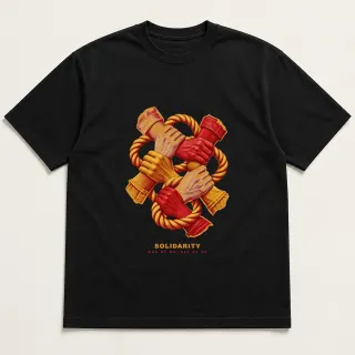 Front of a black tee with a three-color mixed-media design for Solidarity