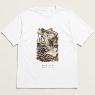 Front of a white tee carrying the marble mist Solidarity design