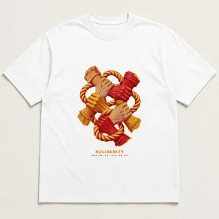Front of a white tee with a three-color mixed-media design for Solidarity