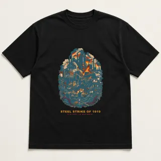 Front of a black tee with a two-color engraved design for Steel Strike of 1919