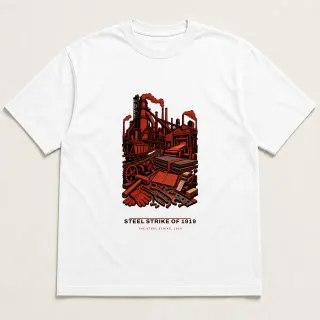 Front of a white tee carrying the utilitarian Steel Strike of 1919 design