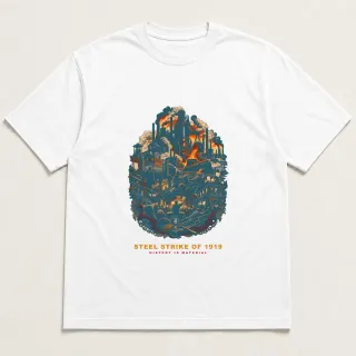 Front of a white tee with a two-color engraved design for Steel Strike of 1919