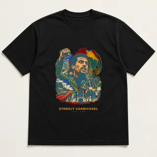Front of a black tee with a four-color pixel-art design for Stokely Carmichael