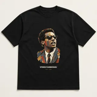 Front of a black tee carrying the mixed media Stokely Carmichael design