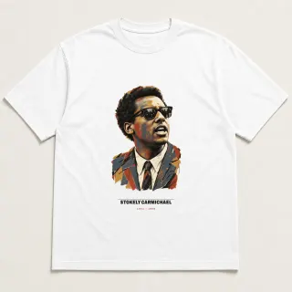 Front of a white tee carrying the mixed media Stokely Carmichael design
