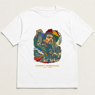Front of a white tee with a four-color pixel-art design for Stokely Carmichael