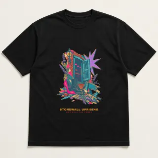 Front of a black tee with a three-color mixed-media design for Stonewall Uprising