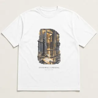 Front of a white tee carrying the ethereal Stonewall Uprising design