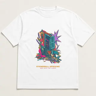 Front of a white tee with a three-color mixed-media design for Stonewall Uprising