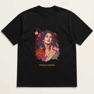 Front of a black tee with a two-color engraved design for Sylvia Rivera