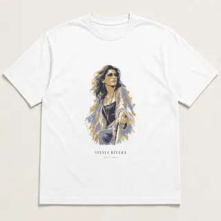 Front of a white tee carrying the ethereal Sylvia Rivera design